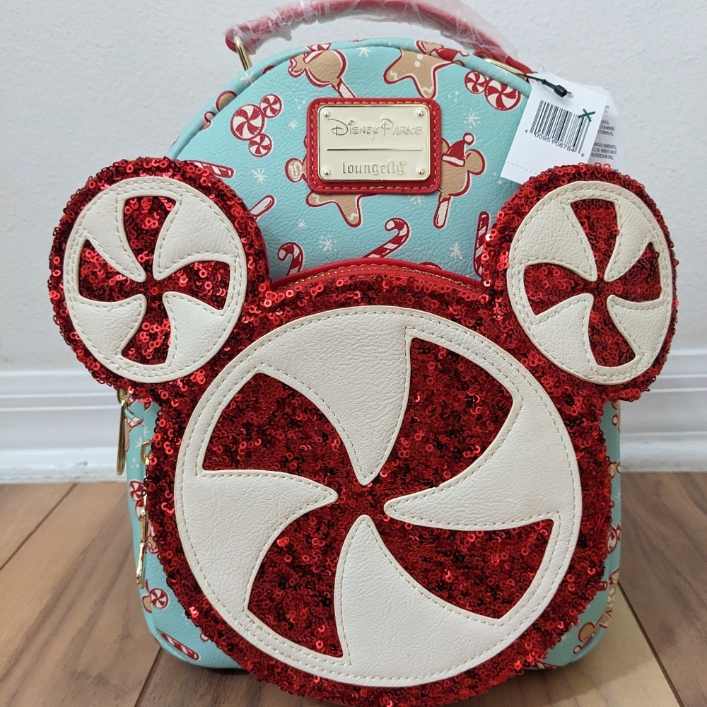 NWT! Loungefly Disney Holiday Treats Peppermint Christmas Mini Backpack Sequins